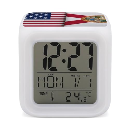 Reloj despertador digital con bandera de Estados Unidos y Florida para dormitorio, pantalla LED, alarmas de noche