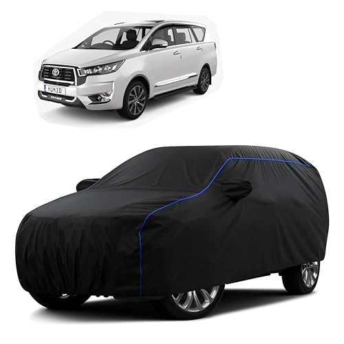 Image of Sulfar 100% Water Resistant Car Body Cover Compatible with Mirror for Toyota Innova Crysta (Triple Stitched, Full Bottom Elastic, Black Tafetta with Blue Piping)