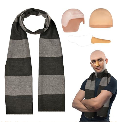 4 Pack Halloween Costume Accessory Set - Black Gray Striped Scarf Large Bald Cap Fake Nose for Adults Men Cosplay Set