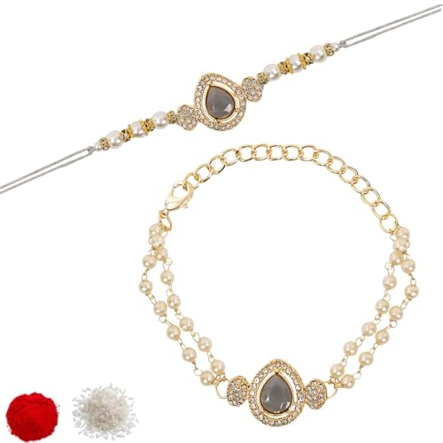Image of I Jewels Designer Kundan Pearl Bhaiya Rakhi With Roli Chawal for Brother /Bro /Men with Rakshabandhan Card