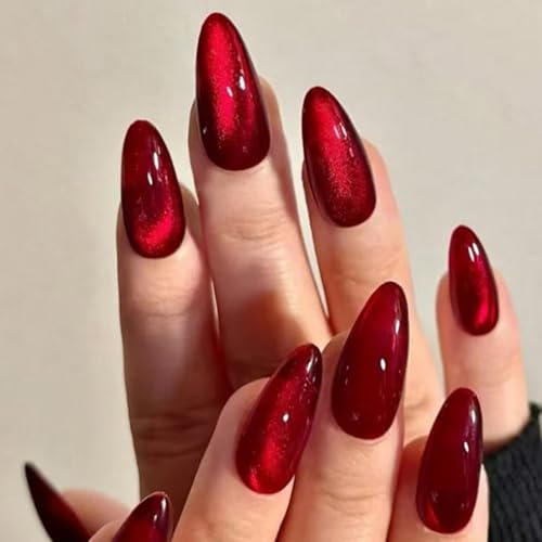 Dark Red Press on Nails Medium Almond, Elegant Retro Wine Red Glu...