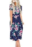 DB MOON Women Casual Short Sleeve Dresses Empire Waist Knee Length Dress with Pockets (Flower Navy B