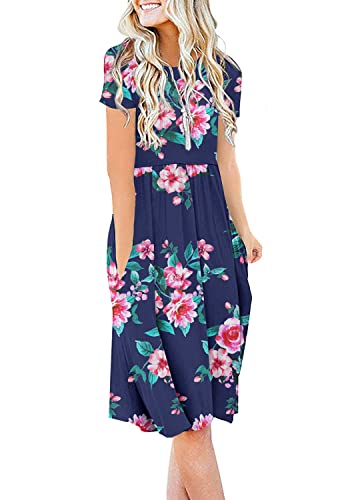Image of DB MOON Women Summer Casual Short Sleeve Dresses Empire Waist Dress with Pockets