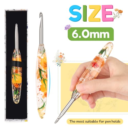 Image of Katech 6.0mm Crochet Hook for Arthritic Hands,Hand-Polished Stainless Steel | Ergonomic Crochet Hooks with Customized Sparkle Dried Floral Grip, Smooth Tapered Hook-Crochet Gift for Beginner & Crocheter