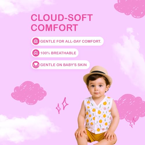 Image of Kidbea Newborn Baby Jhabla Muslin Cotton Clothes for Boys & Girls | Soft Breathable, Cute Printed Sleeveless Baby Wear with Button Closure