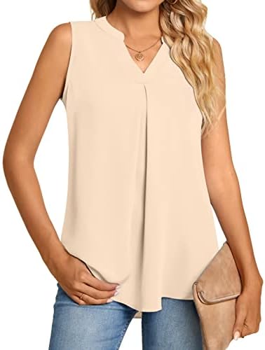 Anyhold Women's Summer Dressy Chiffon Notch V Neck Sleeveless Blouse Tops Loose Fit Casual Tank Tops Office Cute Work Shirts Medium, Khaki