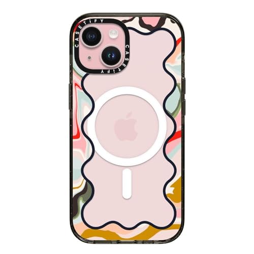 CASETiFY CpNg iPhone 15 P[X [MILKi (4x MIL-STD-810G)/2.5m̗NA/MagSafe ɑΉ] - Wavy Rainbow Marble Border - ubN