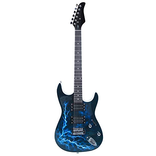 6 String Electric Guitar Beginner Kit, Lightning Style Electric Guitar with Power Cord/Strap/Bag/Plectrums (Black & White)