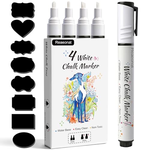 Reaeonat White Chalk Pens 4 Pack Liquid Ink Chalk Markers Wipe Erasable Pen Set 3mm and 6mm Reversible Tip with 48 Jar Labels for Whiteboard Blackboards Windows Glass Chalkboards Signs Art