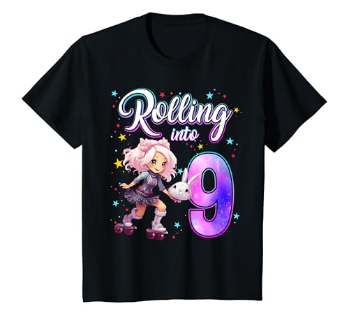 Niños Rollin' into 9 Roller Skating Rink 9th Birthday Party Girl Camiseta