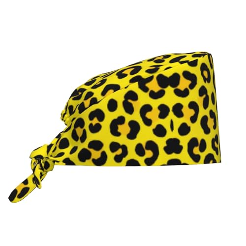 Women Men Animal Skin Cheetah Leopard Leather Print Yellow Working Cap Tie Back Nurse Hat Fashion Headband Hats for Professionals, Kitchen