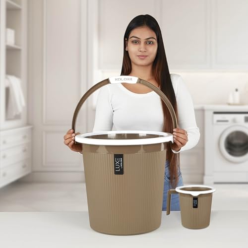 Image of KOLORR LUXE Bathroom Set | (Bucket 25L x 2)+ (Mug 1.5L x 2)- Ratan LT Brown| Bath Set For Bathroom|Easy to clean| For Home, Kitchen & Bathroom | Combo Set for Bathroom| Modern Bathroom Accessories Set