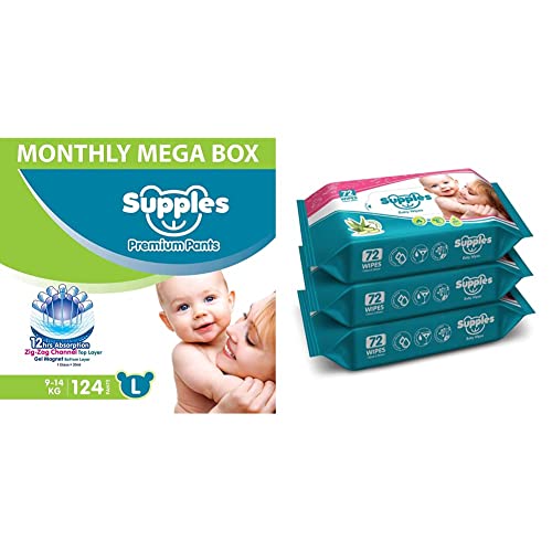 Image of Supples Baby Diaper Pants, Monthly Mega-Box, Large, 124 Count & Supples Baby Wet Wipes with Aloe Vera and Vitamin E - 72 Wipes /Pack, (Pack of 3)