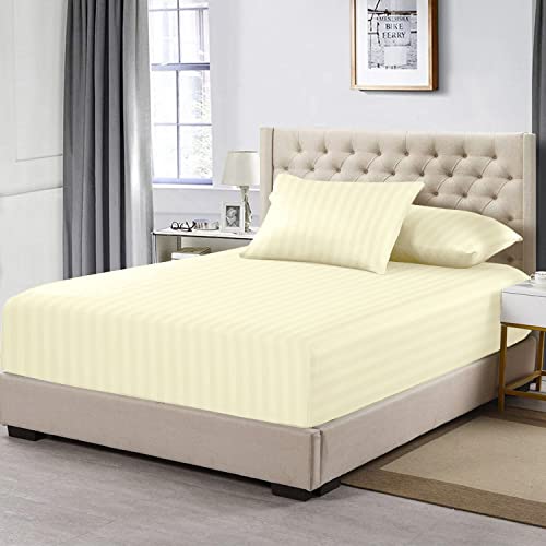 Cotton Cream Satin Stripe Fitted Bed Sheets Double, 300 Thread Count 100% Long Staple Cotton Fitted Sheet
