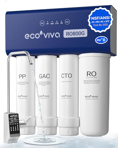 Ecoviva RO800G Untertisch Osmoseanlage Umkehrosmoseanlage Trinkwasser, Reduziert TDS, Schneller Wasserdurchfluss, 3:1 Abwasser, NSF/ANSI 58 Standard, mit LED-Armatur, Langlebig Filterkartusche