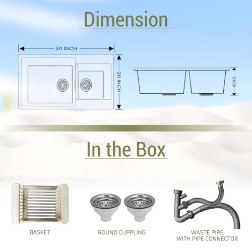 Image of EVANEX Quartz Kitchen Sink|Double Bowl Sink for Kitchen|Topmount /Undermount Kitchen Sinks|Brown Double Sink with Connector, Waste Pipe, Coupling and Drain Basket|34x20x9 Granite Kitchen Sinks
