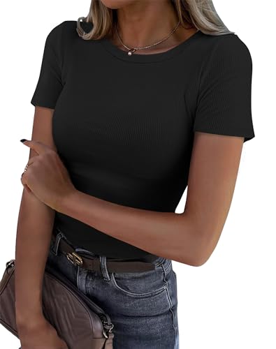 Roselux Women Crew Neck Ribbed Fitted Tight Tshirt Short Sleeve