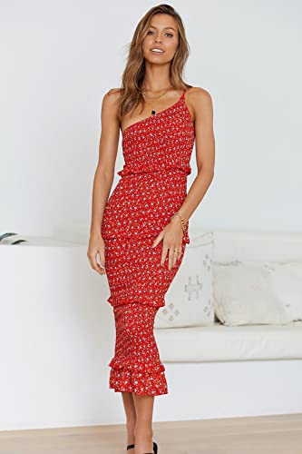 Image of PRETTYGARDEN Women's Summer Midi Bodycon Dresses One Shoulder Strappy Tiered Ruffle Floral Boho Sun Dress