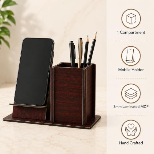 Image of Zesta Wooden Desk Organizer Pen Stand Remote Holder Card Slot | Table Accessory Office Desk Study Room | Pencil Storage Stand Stylish Workspace Decor (Rosewood, Mobile Holder + Pen Holder)