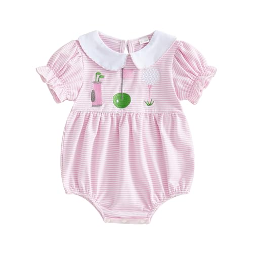Mobbdow Newborn Infant Baby Girl Golf Outfit Golf Embroidery Short Sleeve Striped Bubble Romper Peter Pan Collar Bodysuit (A-Pink 12-18 Months)