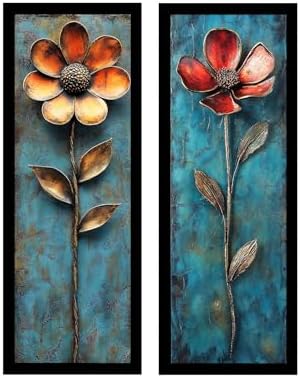 Kit 2 Quadros Sala, Varanda, moldura e Vidro, flores, metal (Pret...