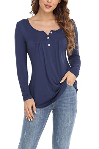 CUNYI Damen Shirts Casual V Ausschnitt Knopfleiste Rüschen Tops Lose Flowy Pleats Tanks Langarm Blusen, navy, Small Cover