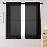 Simplebrand Black Short Sheer Curtains 45 Inch Length for Small Windows, Rod Pocket 2 Panels Set Sol