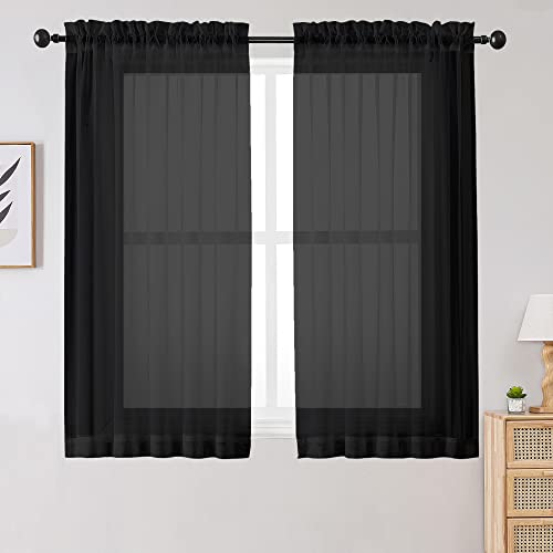 Simplebrand Black Short Sheer Curtains 45 Inch Length For Small Windows, Rod Pocket 2 Panels Set Solid Voile Drapes Window Sheer Curtains For Bedroom Bathroom Kids Room Kitchen, 42X45 Inch #TOP8