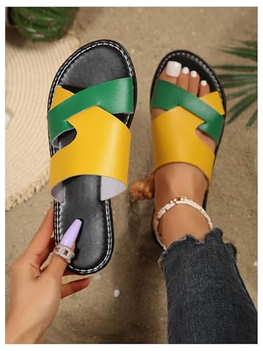 Image of Verdusa Women's Color Block Flat Leather Sandals Open Toe Vacation Slip on Slides