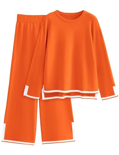 Image of Tanming Women's 2 Piece Outfits Long Sleeve Knit Sweater Top Wide Leg Pants Lounge Sets Tracksuits