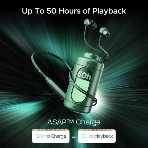 Image of Boat Rockerz 255 Z Plus,AI-Enx Tech,Spatial Audio,50HRS Battery,Low Latency Mode,Fast Charge,App Support,IPX4,GFPS,BT V5.3,Bluetooth Neckband,Wireless with Mic in Ear Earphones (Pine Green)