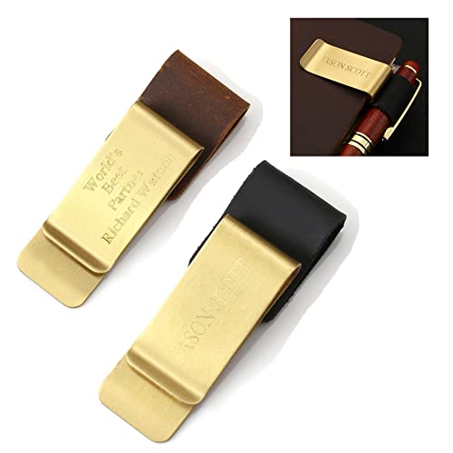 Personalized Customized Leather Pen Loop, Yoption 2 Pack Pencil Pen Holders with Metal Clip for Traveler Notebook (Gold)