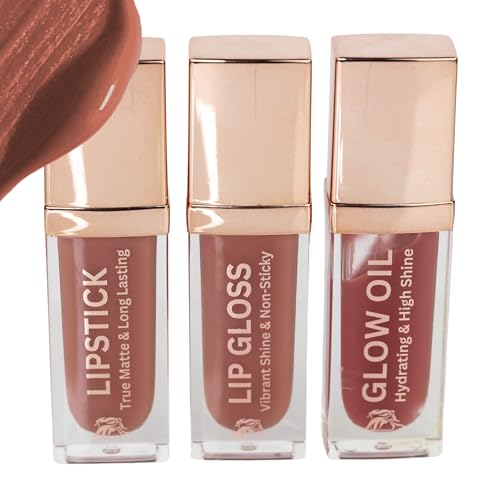 Phoenix Beauty Lip Trio – Matte Deep Nude Lipstick + Moisturizing Lip Gloss & Lip Oil | Everyday Hydrating Lip Care Set with Vit-E and Jojoba | Clean, Non-Toxic Beauty Gift (Peach Sorbet)