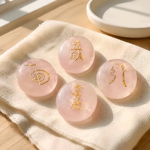 4-Piece Reiki Symbol Engraved Stones, Pink Rose Quartz Set — 사진 6