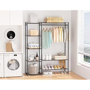 Wardrobe Closet Portable Clothing Rack for Hanging Clothes Free Standing Closet Organizers and Storage System with 4 Tiers Shelves for Cloakroom Bedroom Black