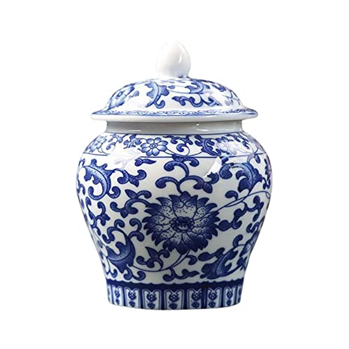 ?????? Chinese Style Blue White Porcelain Decorative Ginger Jar Tea Storage Jar with Lid Floral Arrangement with Fine Glaze Finish Multi Purpose