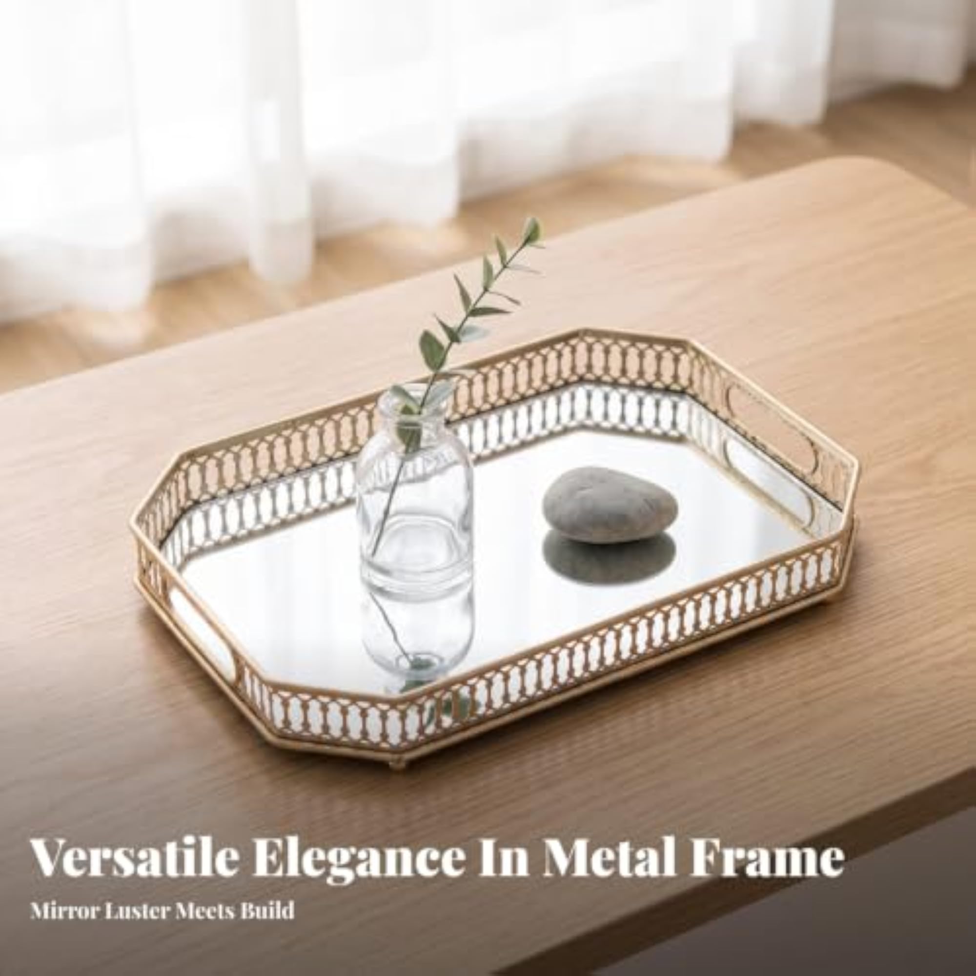 Gold Tray with Mirrored Glass Base, Decorative Vanity Tray