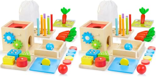 Image of Kizfarm Wooden Montessori Baby Toys, 8-in-1 Wooden Play Kit Includes Object Permanent Box, Coin Box, Carrot Harvest, Shape Sorting & Stacking - Birthday Gift for Boys Girls Toddlers (Pack of 2)