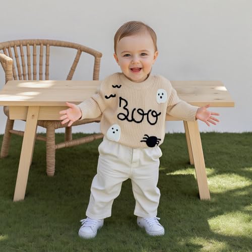 Infant Toddler Baby Boy Girl Halloween Outfit Boo Ghost Embroidery Long Sleeve Knit Pullover Sweater Fall Clothes3