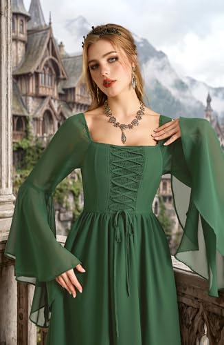 Scarlet Darkness Renaissance Costume Women Bell Sleeve Smocked Maxi Dress Eden Green XL — view 3