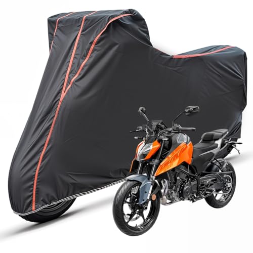 Image of Two Wheelers Bike Body Cover Compatible for KTM 250 Duke, UV Resistant, Dustproof, Triple Stitched, Elastic Bottom, Red Piping Motorcycle Cover (Black, Pack of 1)