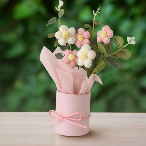 Image of Artificial Crochet Flowers Bouquet - Handmade Knitted Floral Arrangement with Decorative Leaves | Tabletop Home Decor, Desk, Valentine Day Gift for Girlfriend
