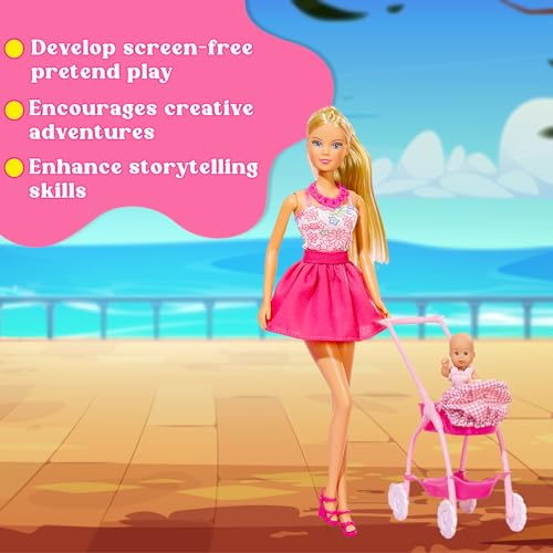 Image of Steffi Love Doll Set| Steffi Love Baby Walk Toy| Steffi with Baby & Stroll| Set of 15+ Baby Essentials| Pretend Play Set| Ideal Gift for Girls Age 3+ (Pink)