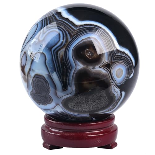 JIC Gem Black Onyx Agate Large Crystal Ball 3.5-4 inch(90-100mm) Round Healing Crystals Decorative Sphere with Wooden Stand Meditation Witchcraft Home Decor