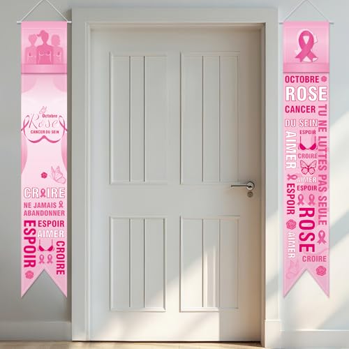 WANDIC Bannière Ruban Rose d'Octobre, 180 * 30cm Banniere Cancer du Sein Personnalisée en Polyester,Conception en Queue de Poisson pour Décoration de Fond de Fête de Charité