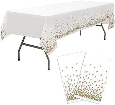 Gold Polka Dots Confetti Plastic Tablecloths 2 Pack White Disposable Table Covers Bridal Shower Party Tablecovers 54 x 108 Inch Table Cloths for Picnic Birthday Wedding Parties 8 Foot Rectangle Table