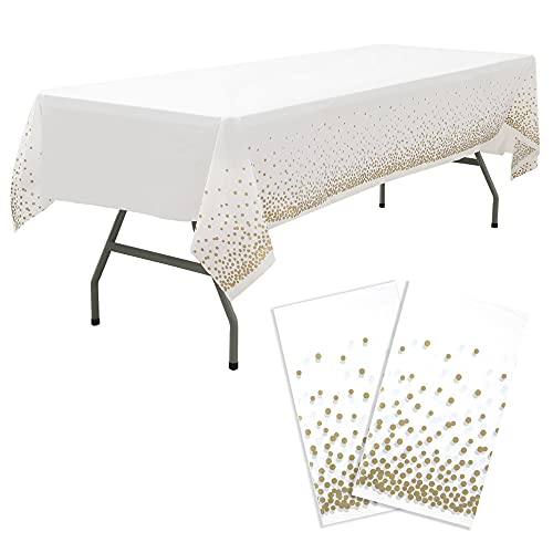 Gold Polka Dots Confetti Plastic Tablecloths 2 Pack White Disposable Table Covers Bridal Shower Party Tablecovers 54 X 108 Inch Table Cloths For Picnic Birthday Wedding Parties 8 Foot Rectangle Table #TOP2