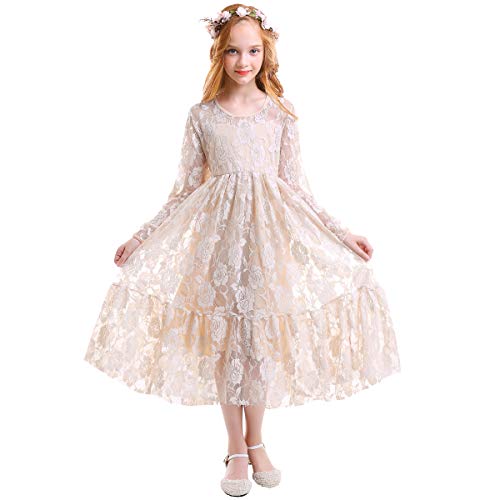 Vestido de novia infantil con encaje y manga larga para fiestas de gala