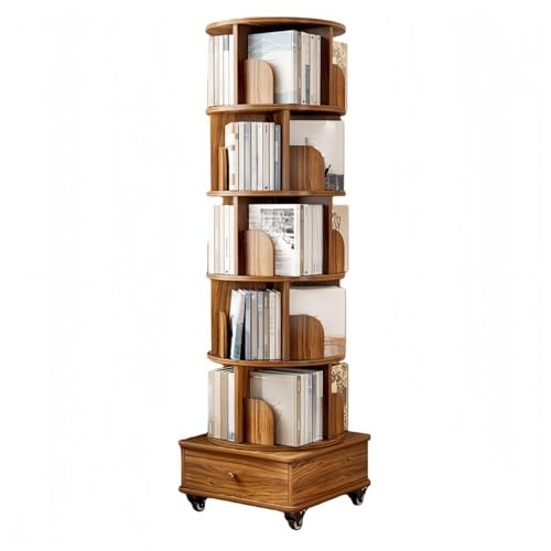 JORERAORMES回転式本棚大容量設計直径46cm A4対応漫画/絵本/文庫本/CD/DVD収納省スペース隙間収納タワー型コンパクト組み立て簡単多目的ラック(木目調,4層) (クルミ色,5階)