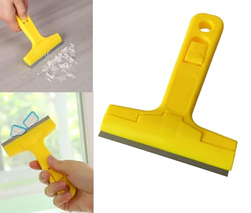 Image of Inditrust Razor Portable Scrapper and 3 Blade with ABS Plastic Handle Tool to Remove Silicone & Paint Stains Floor Tile Grout Remover Mirror Glass Window Cleaning Device Wiper Scraper, Yellow